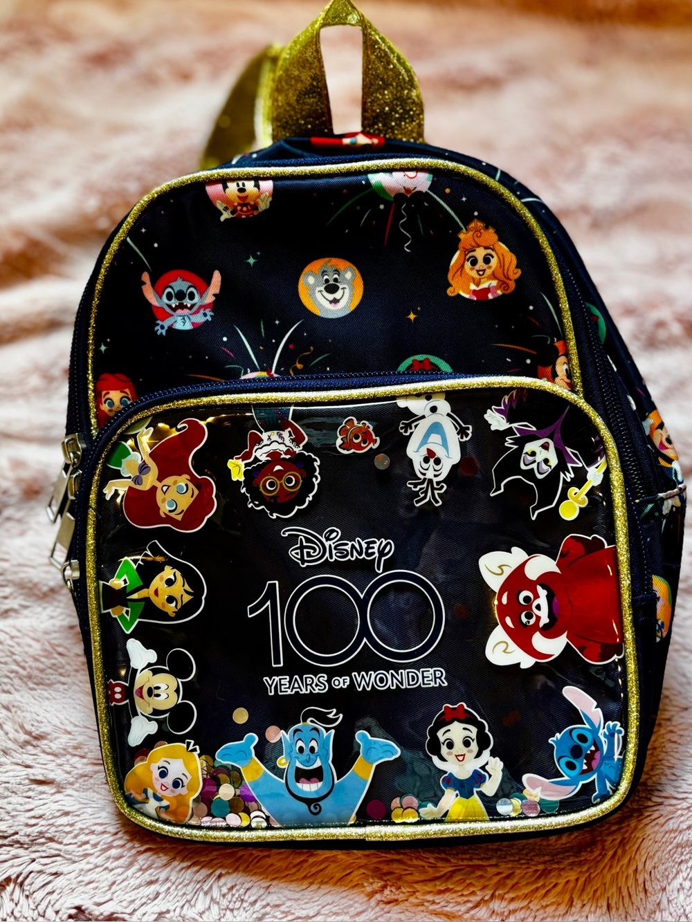 Disney 100 Years of Wonder Mini Backpack Gold Glitter Character Confetti
